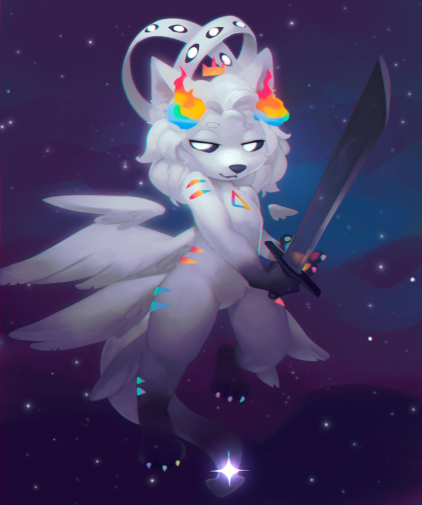 angel angel_dragon angel_humanoid animal_humanoid anthro black_sclera crown domestic_cat dragon dragon_humanoid ears_up elodoart ether ethereal ethereal_sword ethereal_tail feathered_wings feathers felid feline felis fluffy flying fur hair hi_res horn humanoid hybrid kemono looking_at_viewer lucero_(yamikadesu) magic male mammal mammal_humanoid melee_weapon multi_eye multi_wing paws pivoted_ears proud rainbow right-handed shiny_star sky smile smiling_at_viewer smug_face solo space star star_tail striped_body striped_fur stripes sword triangle_(shape) tuft weapon white_body white_eyes white_hair white_wings wings yamikadesu