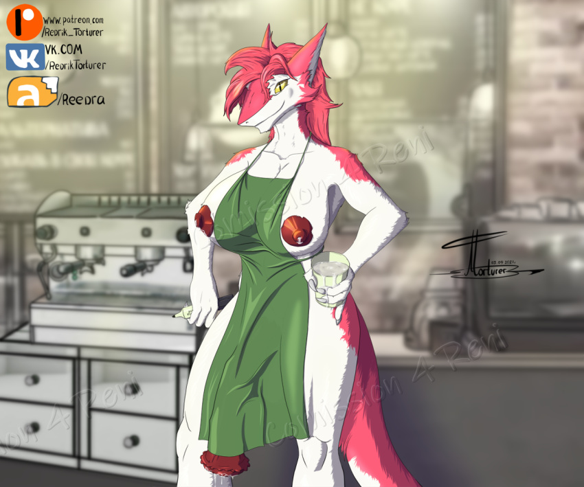 animal_genitalia animal_penis anthro apron apron_only barista big_breasts big_nipples big_penis breasts clothing equine_penis fur genitals hair herm i_mean_breast_milk intersex meme mostly_nude nipples penis pink_body pink_fur pink_hair rtart sergal solo