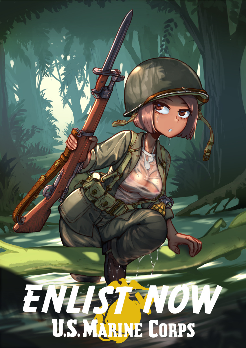 1girl boots breasts brown_eyes brown_hair dog_tags erica_(naze1940) explosive forest gloves grenade gun helmet highres holding holding_gun holding_weapon m1903_springfield military military_uniform nature nipples no_bra original rifle see-through see-through_shirt shirt short_hair sling soldier solo tree uniform united_states_marine_corps weapon wet wet_clothes wet_shirt wetland world_war_ii
