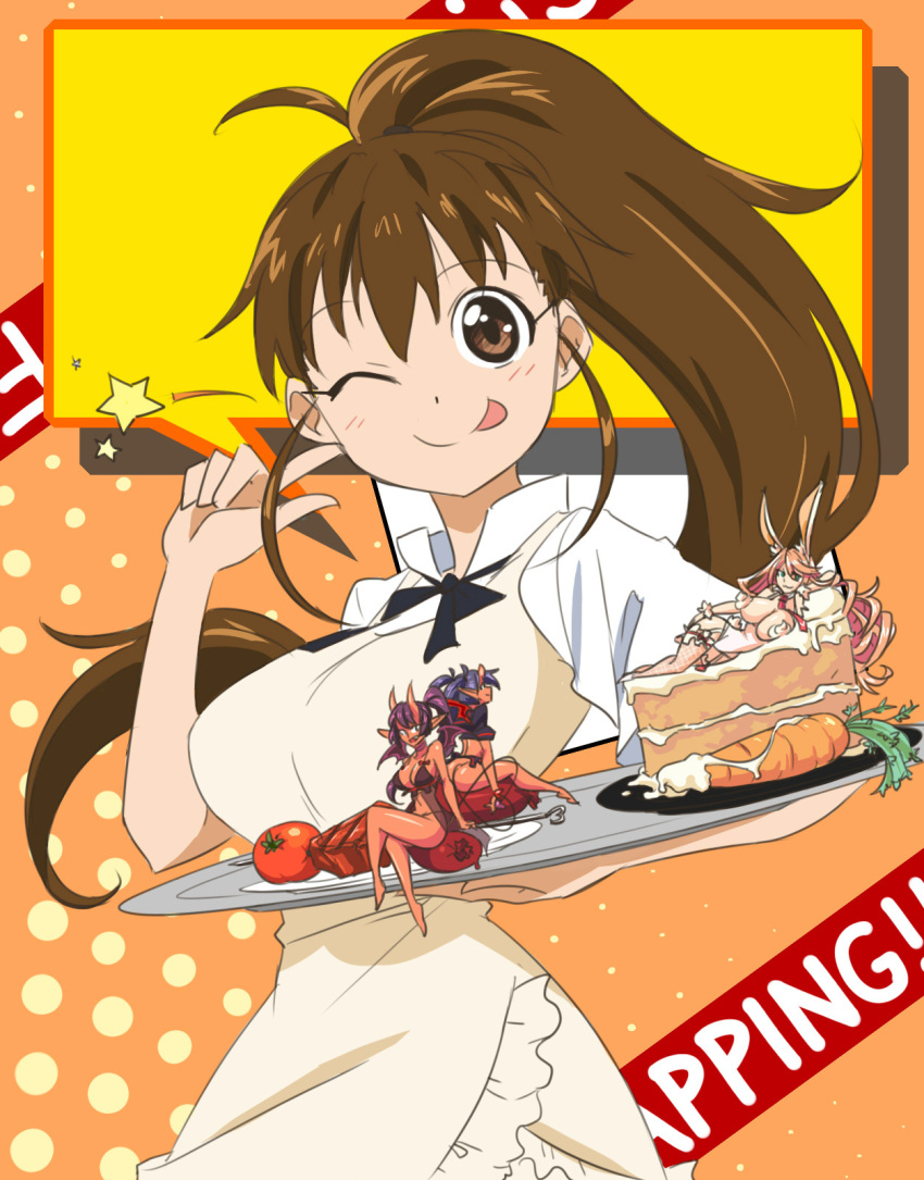 2021 4girls apron bangs bikini blush breasts brown_hair cake cake_slice carrot closed_mouth food highres holding holding_tray large_breasts long_hair looking_at_viewer lying matsu-sensei multiple_girls on_side one_eye_closed original ponytail sitting smile standing swimsuit taneshima_popura tongue tongue_out tray uniform working!!