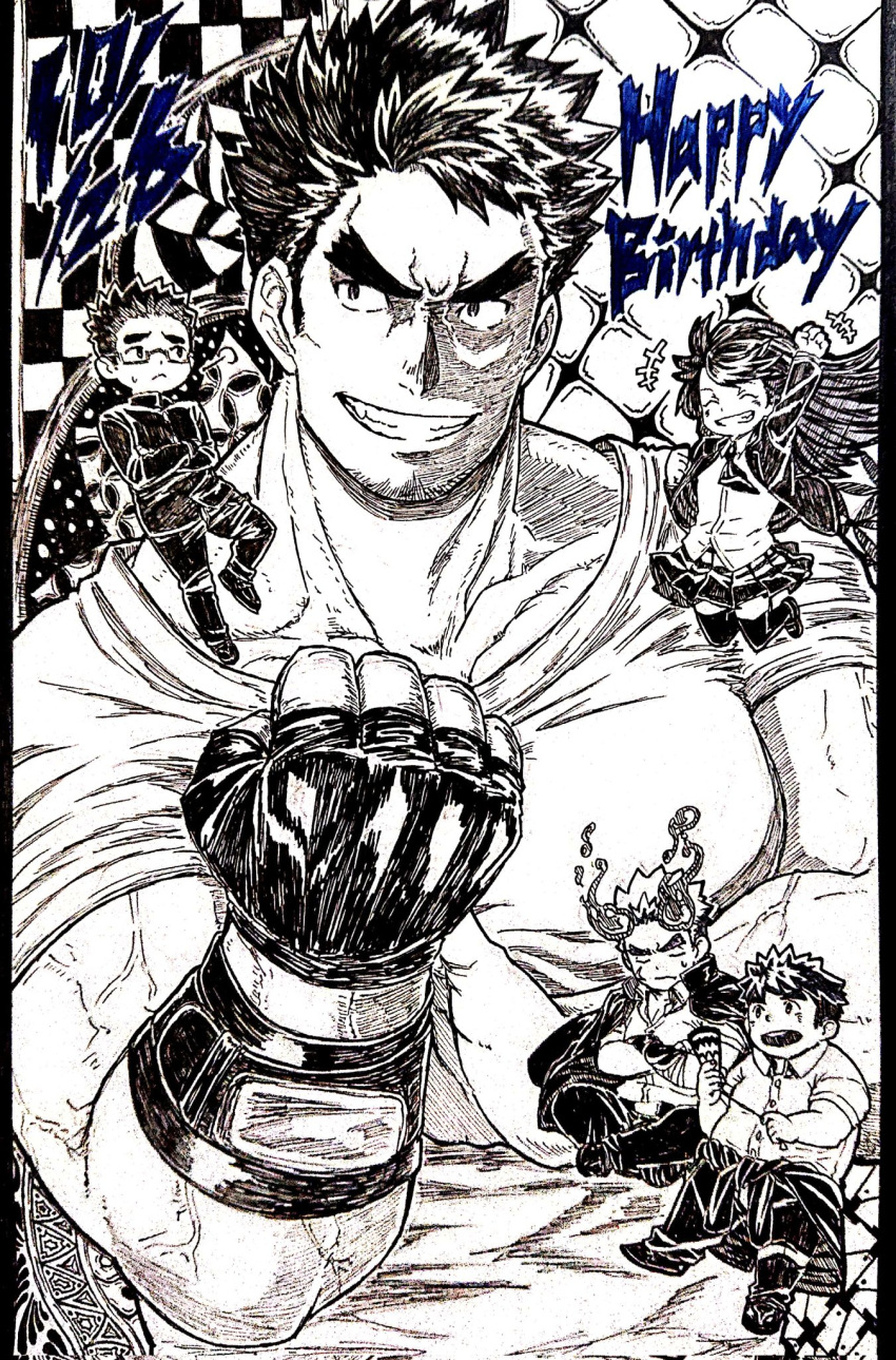 1girl 4boys bara closed_eyes commentary_request crossed_legs dated deformed facial_hair full_body gakuran glasses gloves goatee happy_birthday highres holding_party_popper jumping large_pectorals long_hair looking_to_the_side mago_no_ren male_focus master_2_(housamo) monochrome motoori_shiro multiple_boys muscular muscular_male open_mouth pectorals photo_(medium) sakimori_toji scan scan_artifacts school_uniform shirt short_hair sideburns sigh spot_color stubble t-shirt takabushi_kengo thick_eyebrows tokyo_afterschool_summoners upper_body yakushimaru_ryota