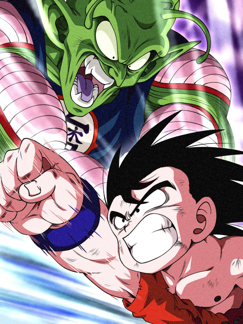 2boys antennae black_eyes black_hair clenched_teeth colored_skin dragon_ball dragon_ball_(classic) fangs green_skin highres male_focus motion_lines multiple_boys open_mouth piccolo_daimaou pointy_ears son_goku teeth torn_clothes wai_(y48754085) wristband