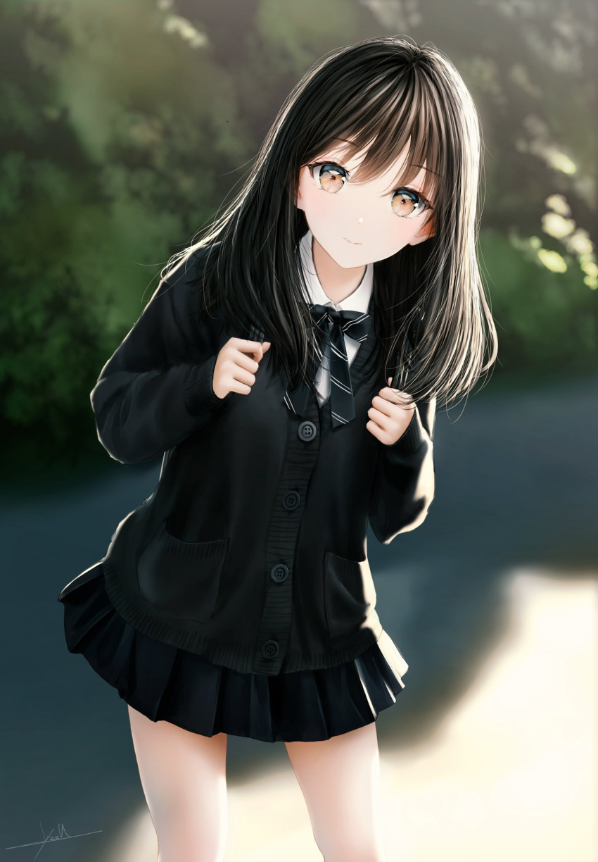 1girl black_cardigan black_hair blush brown_eyes cardigan day highres leaning_to_the_side long_hair looking_at_viewer necktie ojay_tkym original outdoors pleated_skirt school_uniform skirt smile solo