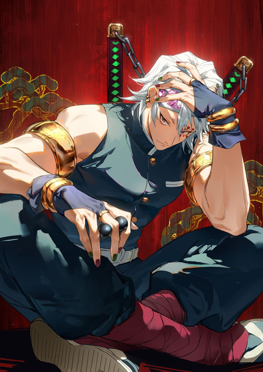 1boy absurdres armlet bangs bare_shoulders belt between_fingers black_socks bracelet bridal_gauntlets chain chain_blades closed_mouth explosive facial_mark forehead_protector green_nails hair_between_eyes hand_on_own_head hand_up highres holding index_finger_raised jewelry kimetsu_no_yaiba leg_wrap light_smile looking_at_viewer makeup male_focus multicolored_nails pink_gemstone purple_eyes red_background red_nails sandals shoe_soles short_hair sitting sleeveless socks solo sword sword_on_back tabi ttyttytty uzui_tengen weapon weapon_on_back white_hair