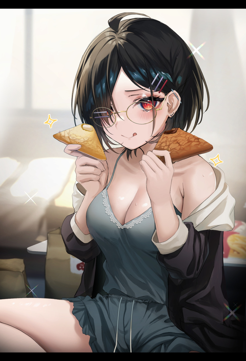 1girl absurdres bangs bare_shoulders black_hair blue_eyes blue_shirt blush breasts cleavage food fou_(ssqseeker) glasses hair_behind_ear hair_ornament hair_over_one_eye hairclip hands_up highres holding holding_food indoors jacket large_breasts looking_at_viewer off_shoulder open_clothes open_jacket original parted_lips red_eyes shirt short_hair sitting smile solo sweat