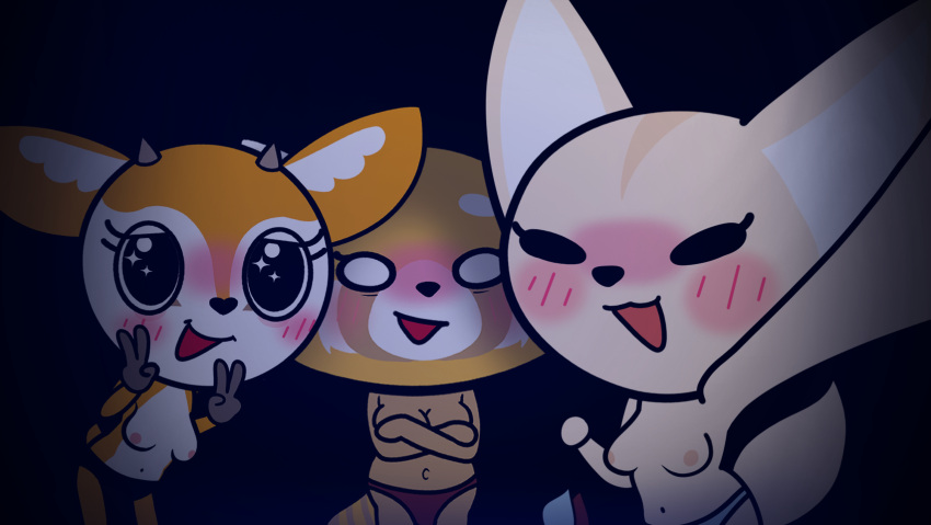 2022 aggressive_retsuko ailurid antelope anthro blush bovid breasts canid canine clothed clothing crossed_arms double_v_sign embarrassed female fennec fenneko fox gazelle gesture group hi_res holding_clothing holding_object impstripe mammal nervous_smile nipples on_model open_mouth open_smile red_panda retsuko sanrio selfie smile topless topless_anthro topless_female trio tsunoda v_sign