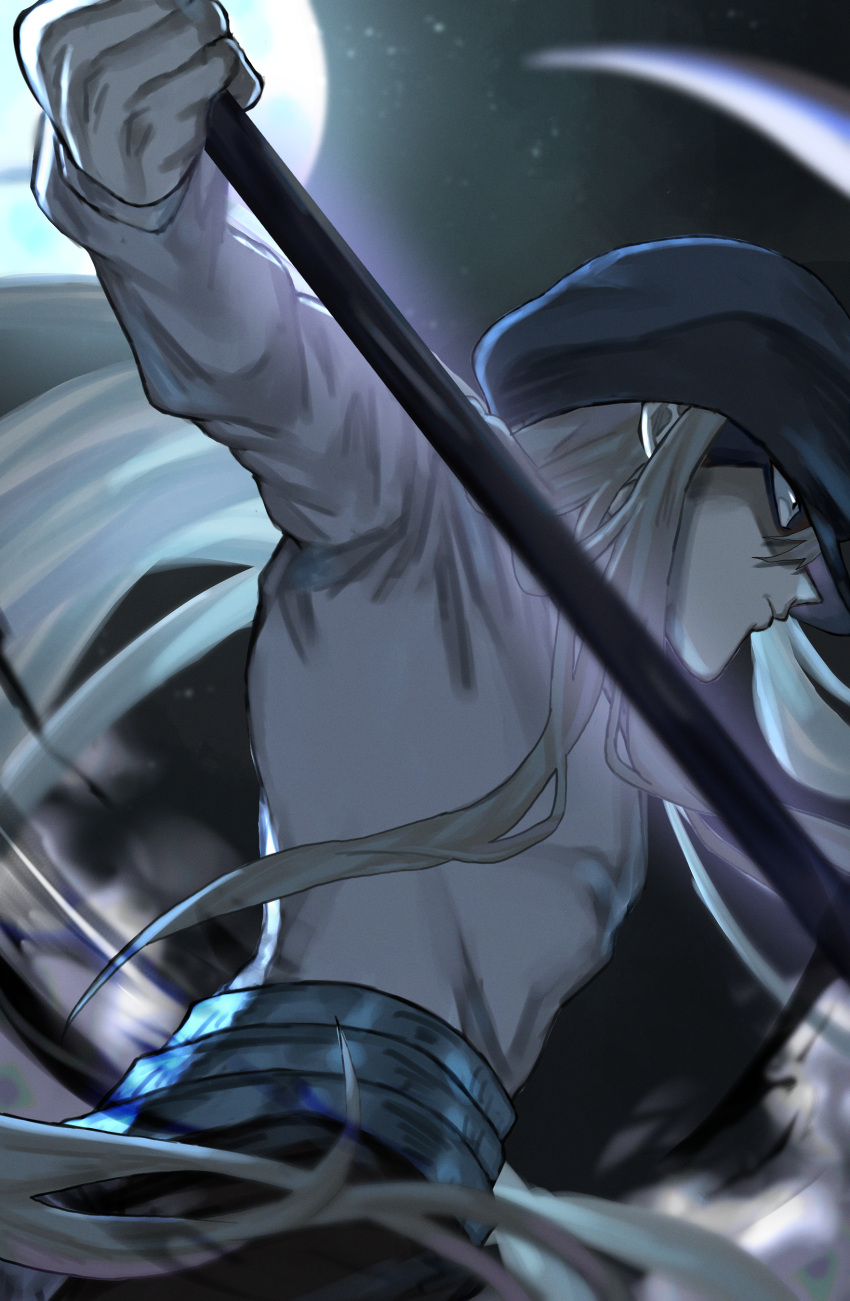 1boy absurdres fighting_stance from_below highres holding holding_scythe hunter_x_hunter kite_(hunter_x_hunter) long_hair long_sleeves male_focus night night_sky scythe sky solo tomaton_(t_0) upper_body very_long_hair white_hair