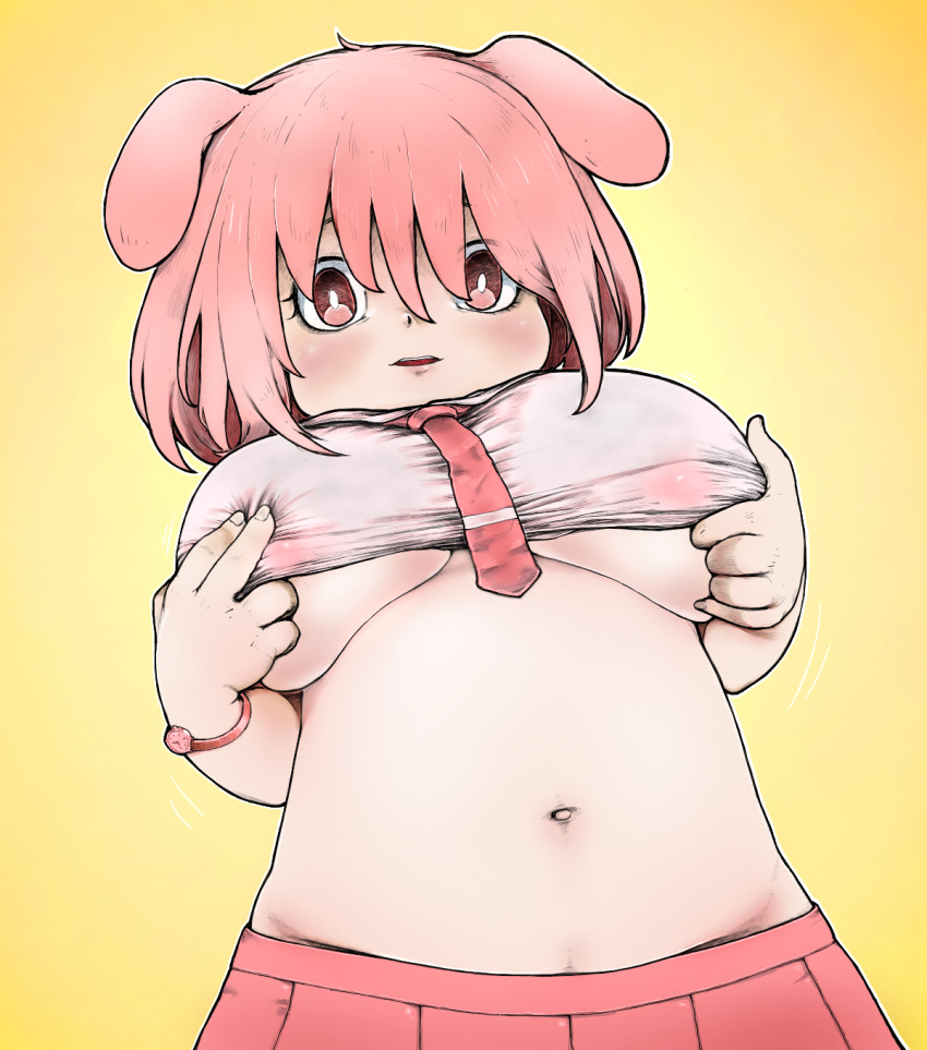 2019 animal_humanoid big_breasts blush bottomwear breasts clock clothed clothing clothing_lift crotch_lines foogyakumo front_view hair hi_res humanoid looking_at_viewer low-angle_view low-riding mammal mammal_humanoid midriff navel necktie nipples open_mouth pig_humanoid pink_bottomwear pink_clothing pink_eyes pink_hair pink_necktie pink_skirt portrait shirt shirt_lift short_hair simple_background skirt standing suid suid_humanoid suina suina_humanoid three-quarter_portrait tiga_sushi topwear translucent translucent_clothing translucent_shirt translucent_topwear under_boob watch white_clothing white_shirt white_topwear wristwatch yellow_background