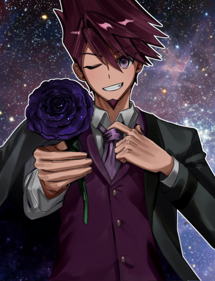 1boy alternate_costume bangs black_jacket collared_shirt danganronpa_(series) danganronpa_v3:_killing_harmony facial_hair flower goatee grey_shirt grin highres holding holding_flower jacket jilong_(eksrks99) long_sleeves male_focus momota_kaito necktie one_eye_closed open_clothes open_jacket outline pink_eyes pink_necktie pink_vest purple_flower red_hair shiny shiny_hair shirt smile solo space space_print spiked_hair starry_background starry_sky_print teeth upper_body vest white_outline