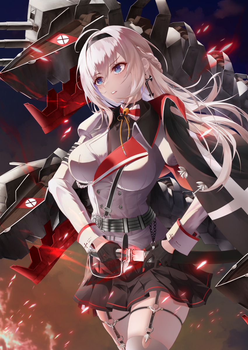 1girl absurdres ahoge azur_lane black_cape black_gloves black_hairband black_skirt blue_eyes breasts buttons cape double-breasted earrings gloves hairband half_gloves highres jacket jewelry large_breasts long_hair mainz_(azur_lane) miniskirt pleated_skirt rigging scabbard seydlitz_art sheath skirt sword thigh_strap thighhighs unsheathing weapon white_hair white_jacket white_thighhighs