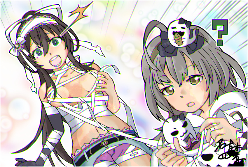 2girls ? @_@ ^^^ ahoge aqua_eyes artist_name assault_lily assisted_exposure bandaged_neck bandages bangs bare_shoulders belt black_belt black_gloves bow breasts bright_pupils brown_hair budget_sarashi chest_sarashi chromatic_aberration collarbone commentary_request dutch_angle elbow_gloves emphasis_lines frilled_sleeves frills ghost_hair_ornament ghost_print gloves gradient gradient_background grey_hair hair_between_eyes hair_bow hair_ribbon hairband halloween_costume hand_up hands_up high_ponytail highres holding_bandages hood hood_down hoodie long_hair long_sleeves looking_at_another looking_at_object medium_breasts multicolored_background multiple_girls mummy naganuki_shiki navel official_alternate_costume open_mouth overskirt parted_lips ponytail print_hoodie purple_shorts ribbon sarashi sasaki_ran serizawa_chikaru short_shorts shorts sidelocks signature single_glove standing stomach surprised teeth torn_ribbon unwrapping very_long_hair white_hairband white_hoodie white_pupils white_ribbon wide-eyed wide_sleeves yellow_eyes