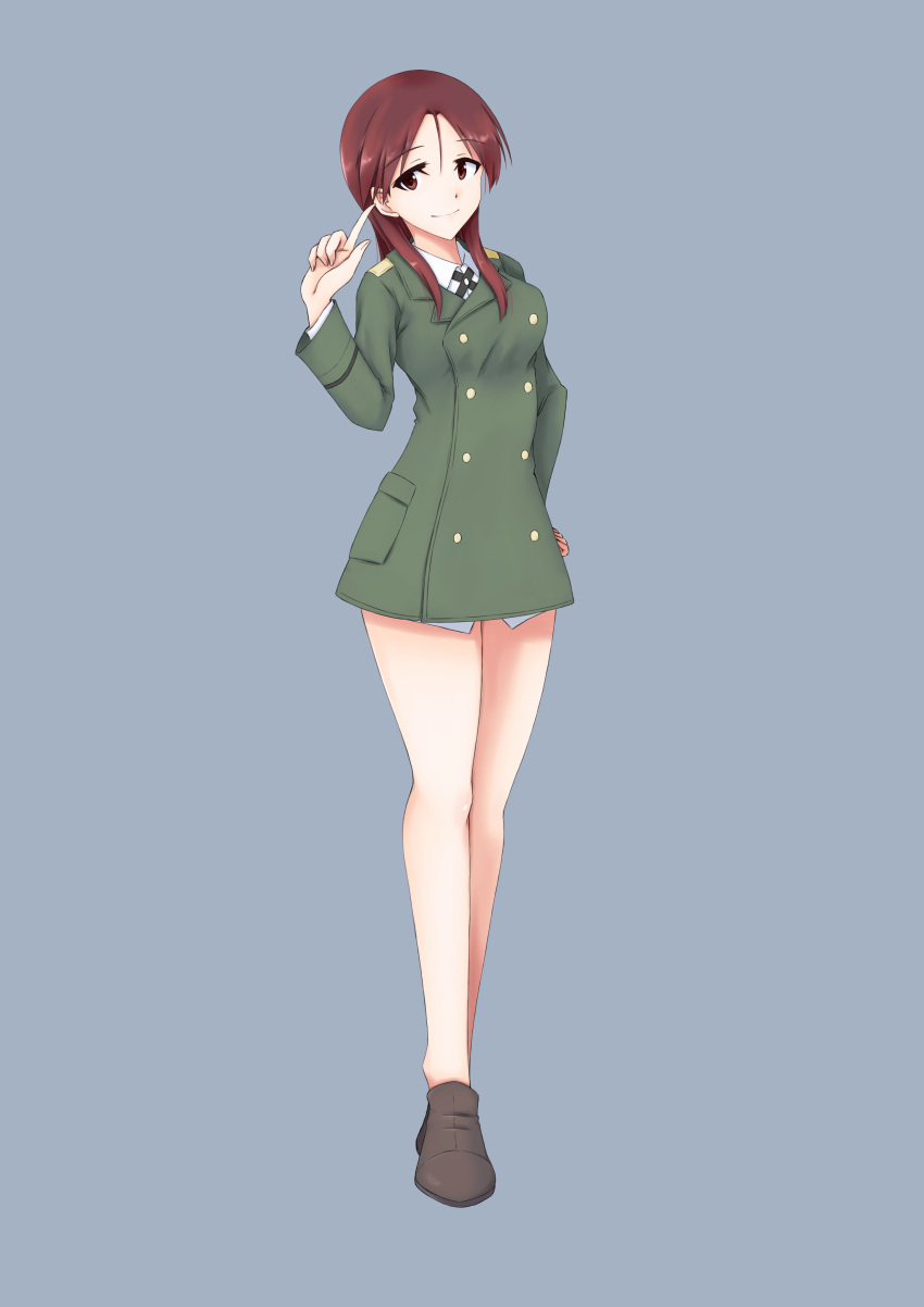 1girl absurdres bangs blue_background boots breasts brown_footwear buttons collared_shirt double-breasted green_jacket hair_between_eyes hand_on_hip highres isosceles_triangle_(xyzxyzxyz) jacket large_breasts legs long_hair looking_at_viewer minna-dietlinde_wilcke pointing pointing_up red_eyes red_hair shirt sidelocks smile solo strike_witches swept_bangs thighs white_shirt world_witches_series