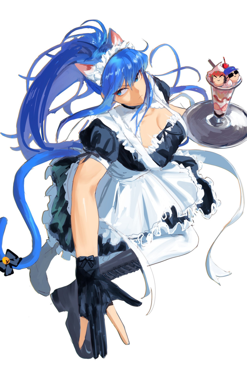 1girl 2boys absurdres alternate_costume animal_ears apron bell blue_eyes blue_hair bow breasts cat_ears chibi clark_still dan_koflove food highres ice_cream jingle_bell leona_heidern maid maid_apron maid_headdress multiple_boys ponytail ralf_jones simple_background snk snk_heroines:_tag_team_frenzy sundae tail the_king_of_fighters