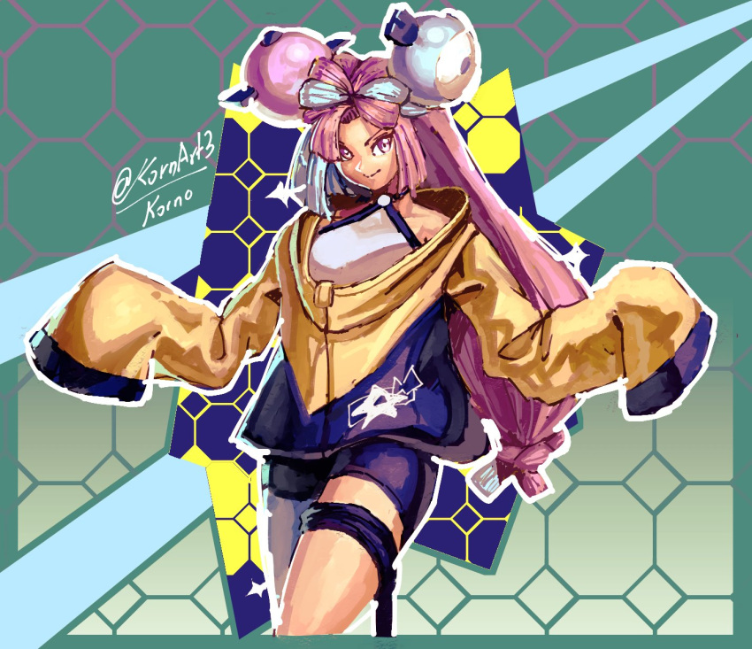 1girl aqua_hair character_hair_ornament hair_ornament highres iono_(pokemon) jacket kornart long_hair long_sleeves looking_at_viewer multicolored_hair oversized_clothes pink_eyes pink_hair pokemon pokemon_(game) pokemon_sv smile solo standing star_(symbol) thigh_strap twitter_username two-tone_hair yellow_jacket