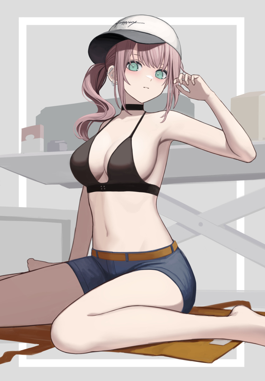 1girl ar-57_(girls'_frontline) armpits bare_arms bare_legs bare_shoulders barefoot baseball_cap belt bikini black_bikini black_choker blue_shorts breasts choker cleavage commission denim denim_shorts ear_piercing earrings expressionless girls'_frontline green_eyes halterneck hand_up hat highres jewelry kawara_pigeon long_hair looking_at_viewer medium_breasts midriff navel parted_lips piercing pink_hair ponytail short_shorts shorts sidelocks sideways_hat sitting solo stomach string_bikini swimsuit thighs wariza white_headwear