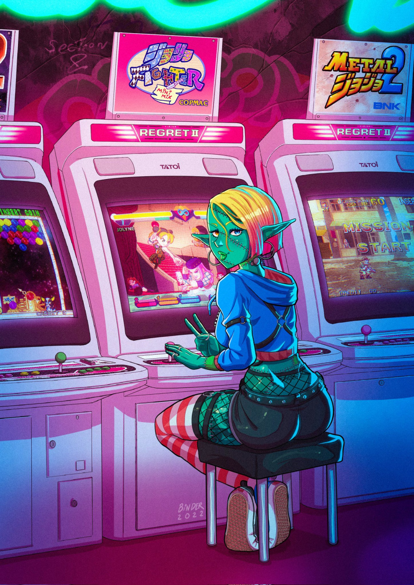 2022 arcade_cabinet back_tattoo bernhard_binder blonde_hair blue_eyes brand_name_imitation breasts bust_a_move capcom colored_skin cropped_hoodie crossed_legs dio_brando earrings fishnets green_skin heterochromia highres hol_horse hood hoodie hoop_earrings iggy_(jojo) jean_pierre_polnareff jewelry jojo_no_kimyou_na_bouken kakyoin_noriaki kujo_jolyne large_breasts leg_tattoo looking_at_viewer looking_back metal_slug monster_girl multiple_earrings narciso_anasui o-ring orange_eyes original parody pointy_ears ring shoes short_shorts shorts signature sitting sneakers snk stardust_crusaders stitched_face stitches stone_ocean stool striped striped_thighhighs taito tattoo thighhighs tramp_stamp v vanilla_ice x-men_vs._street_fighter