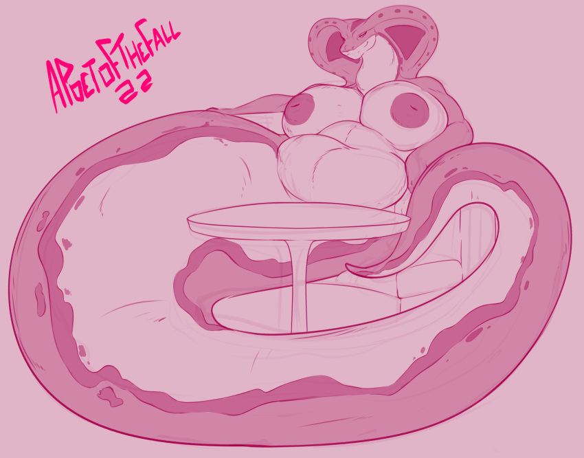 2022 anthro apode apoetofthefall areola belly belly_rolls big_areola big_breasts breasts chair draconcopode female female_pred full-length_portrait furniture hi_res inverted_nipples legless long_body naga nipples on_chair overweight overweight_anthro overweight_female portrait reptile scalie serpentine sitting sitting_on_chair snake snake_hood solo table tail_bulge vore yesenia_(character)