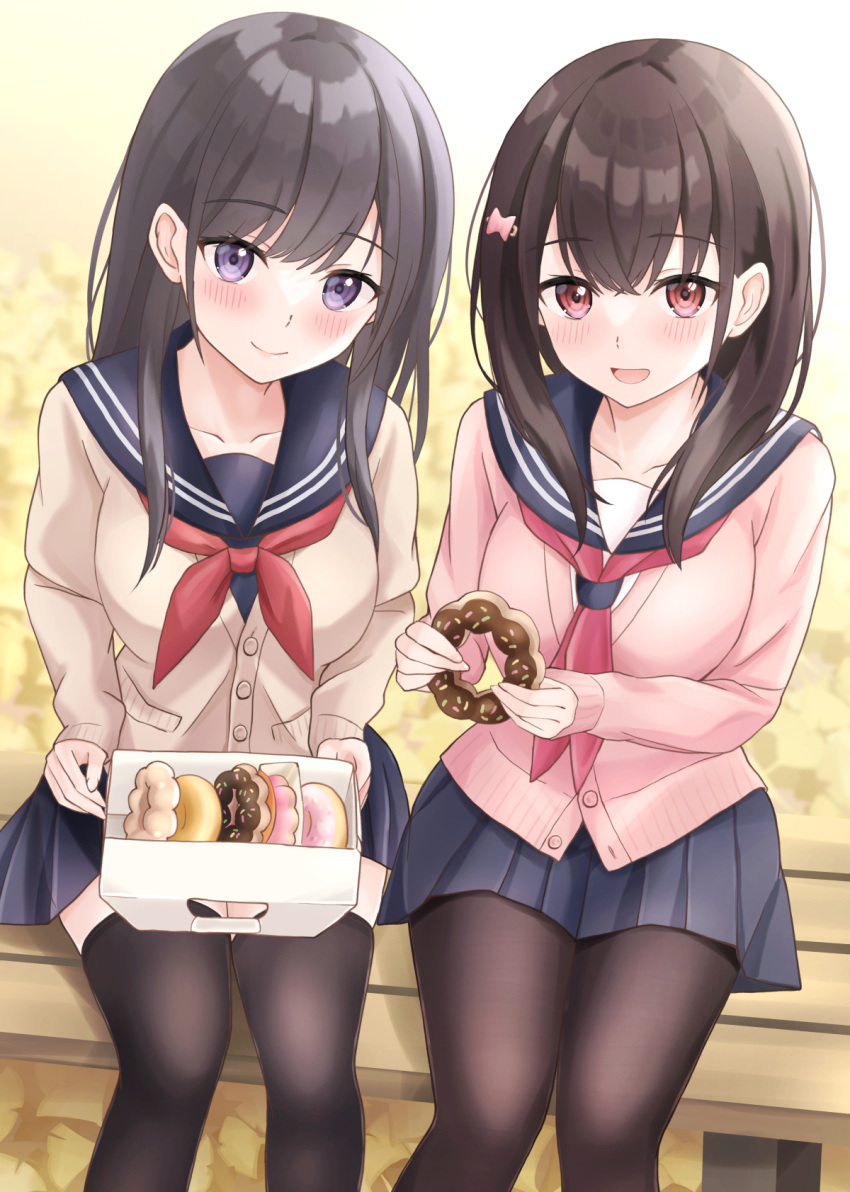 2girls :d bangs black_hair black_thighhighs blue_sailor_collar blue_shirt blue_skirt blush bow breasts brown_cardigan brown_hair brown_pantyhose cardigan closed_mouth collarbone commentary_request doughnut food ginkgo_leaf hair_between_eyes hair_bow hair_ornament hairclip highres holding holding_food leaf long_hair long_sleeves looking_at_viewer medium_breasts multiple_girls neckerchief on_bench original pantyhose pastry_box pink_bow pink_cardigan pleated_skirt purple_eyes red_eyes red_neckerchief sailor_collar school_uniform serafuku shirt sitting skirt sleeves_past_wrists smile thighhighs white_shirt yukimaru217