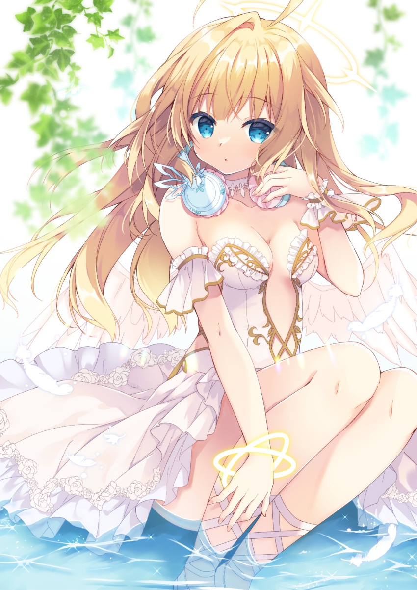 1girl :o ahoge bangs bare_shoulders blonde_hair blue_eyes blurry blurry_background breasts collarbone commentary commission depth_of_field dress feathered_wings feathers feet_out_of_frame halo headphones headphones_around_neck highres long_hair looking_at_viewer medium_breasts original parted_lips purinpurin shallow_water shoes single_hair_intake skeb_commission solo symbol-only_commentary very_long_hair water white_dress white_feathers white_footwear white_wings wings