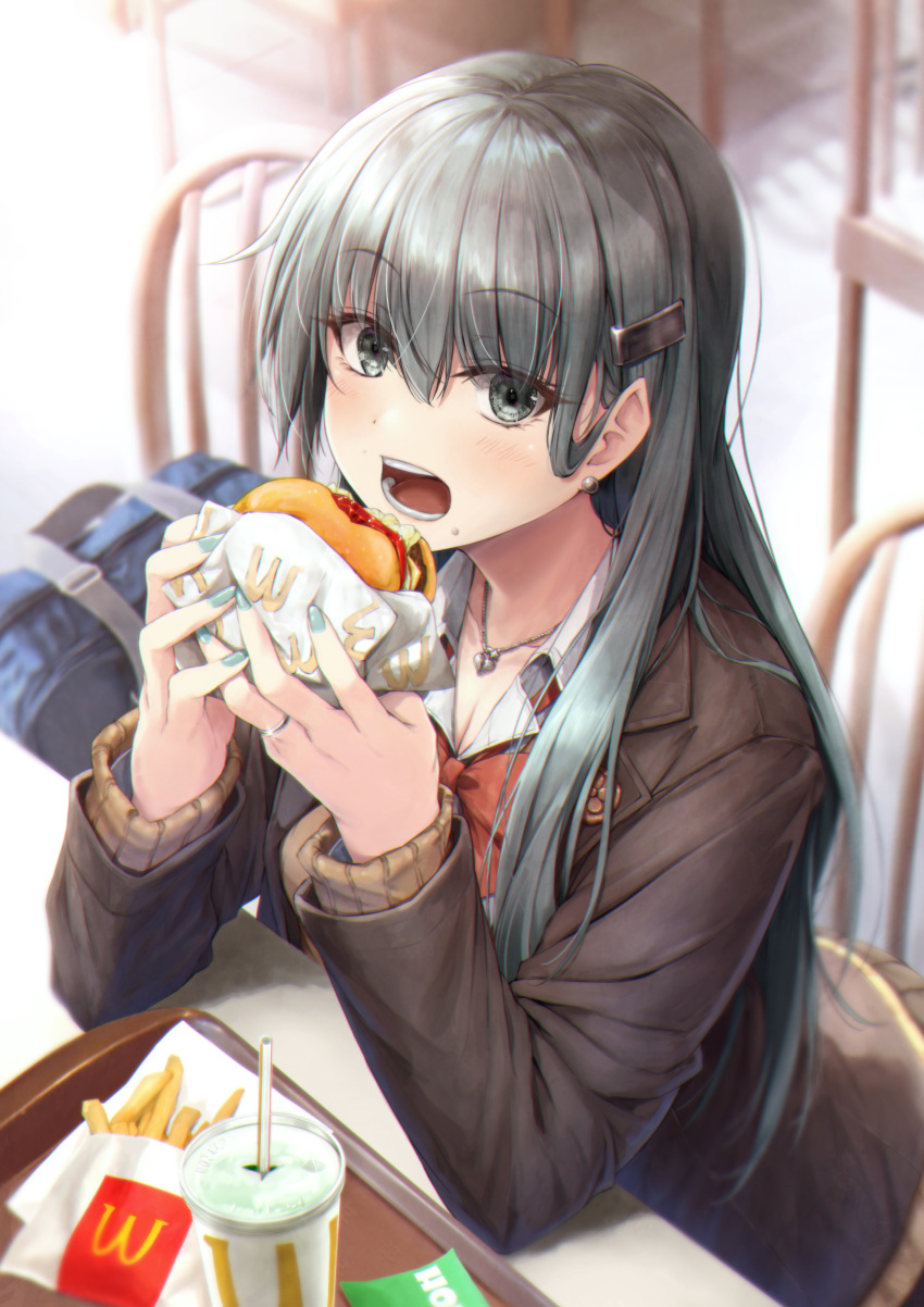 1girl absurdres aqua_eyes aqua_hair bag blazer bow bowtie brown_jacket burger cardigan drink earrings eating food french_fries hair_ornament hairclip highres jacket jewelry kantai_collection logo_parody long_hair mcdonald's nail_polish red_bow red_bowtie school_uniform sitting solo suien suzuya_(kancolle) suzuya_kai_ni_(kancolle) upper_body