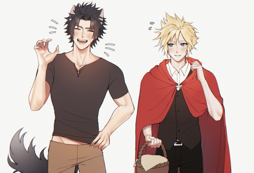 2boys absurdres animal_ears bangs basket belt_buckle black_hair black_pants black_shirt black_vest blonde_hair blue_eyes blush brown_pants buckle claws cloak closed_eyes cloud_strife collared_shirt cosplay cowboy_shot fangs final_fantasy final_fantasy_vii final_fantasy_vii_remake fingernails hair_between_eyes halloween hand_on_hip highres holding holding_basket little_red_riding_hood_(grimm) little_red_riding_hood_(grimm)_(cosplay) looking_at_another male_focus montaro multiple_boys open_mouth pants parted_bangs red_cloak scar scar_on_cheek scar_on_face sharp_fingernails shirt short_hair short_sleeves smile spiked_hair t-shirt tail teeth vest waistcoat white_background white_shirt wolf_boy wolf_ears wolf_tail zack_fair