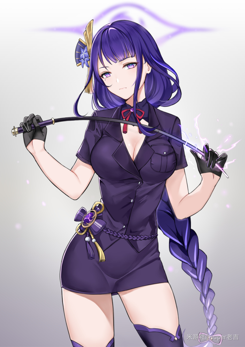 1girl black_gloves braid braided_ponytail breasts cleavage cropped_legs genshin_impact gloves grey_background hair_ornament highres holding holding_whip long_hair looking_at_viewer ponytail purple_eyes purple_hair purple_thighhighs raiden_shogun ribbon simple_background skirt solo super_laoji thighhighs uniform whip