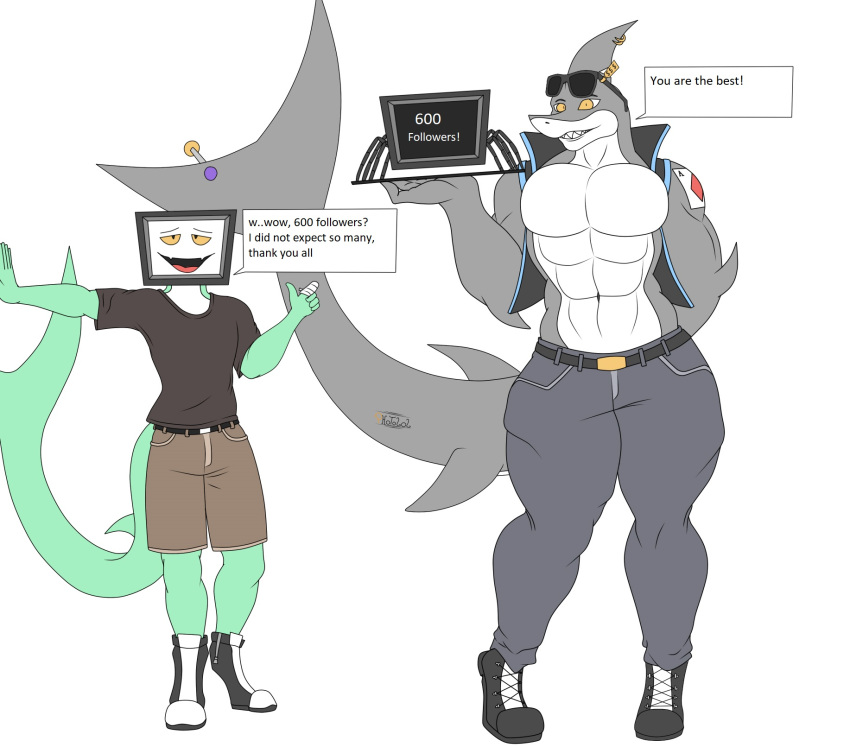 anthro big_butt boots butt clothed clothing dialogue duo eyewear fish flexet_(photolol.03) footwear glasses hi_res john_(photolol.03) looking_at_viewer male male/male marine muscular muscular_anthro muscular_male photolol.03 piercing shark simple_background tattoo television text thick_thighs tv-spyder(photolol.03) wide_hips