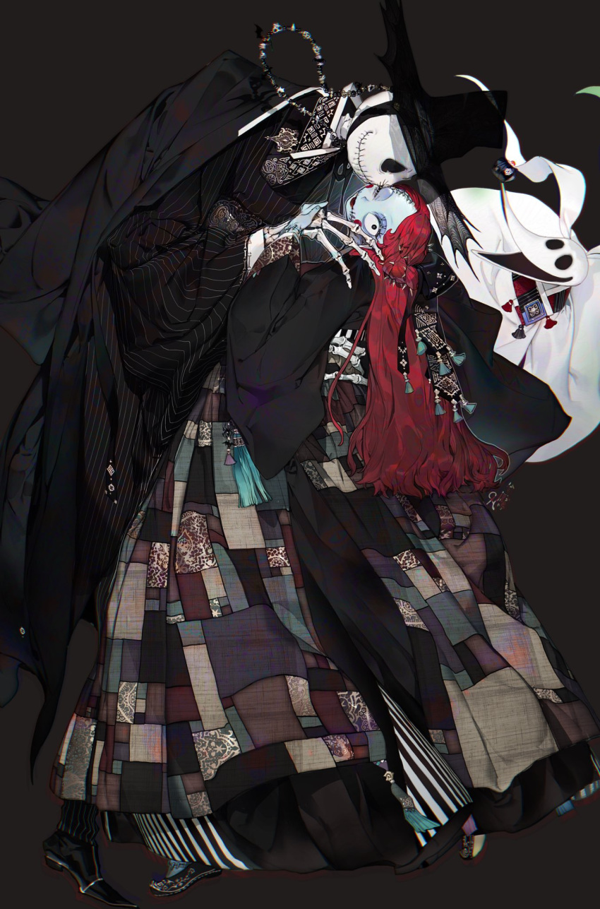 1boy 1girl 2022 bangs black_coat blue_skin bone closed_mouth coat colored_skin dress hat highres jack_skellington kiss kissing_cheek leaning_back leaning_forward leaning_on_person long_hair long_sleeves looking_at_another no_eyes one_eye_closed pigeon666 red_hair sally_(nbc) skeleton smile stitched_face stitched_mouth stitches the_nightmare_before_christmas