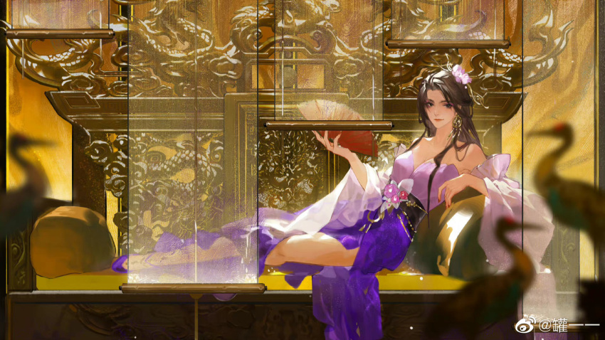 1girl banner bare_legs bare_shoulders bird brown_hair crane_(animal) earrings folding_fan full_body gold guan_yiyi hand_fan high_heels highres jewelry long_hair original purple_skirt sash shiny shiny_hair sitting skirt smile solo