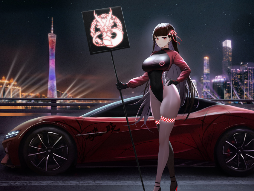 1girl absurdres alternate_costume asymmetrical_legwear azur_lane black_gloves black_thighhighs breasts byd_(brand) byd_e-seed canton_tower car checkered_clothes checkered_legwear cityscape dragon dragon_empery_(emblem) earrings gloves ground_vehicle guangzhou guangzhou_ctf_finance_centre guangzhou_international_finance_center hair_ribbon hand_on_hip high_heels highleg highleg_leotard highres holding holding_sign jewelry kcar66t large_breasts leotard long_sleeves looking_at_viewer motor_vehicle multicolored_clothes multicolored_leotard night night_sky race_queen real_world_location ribbon sign single_thighhigh sky skyline solo sports_car spotlight star_(sky) starry_sky taut_clothes taut_leotard thigh_strap thighhighs yat_sen_(azur_lane)