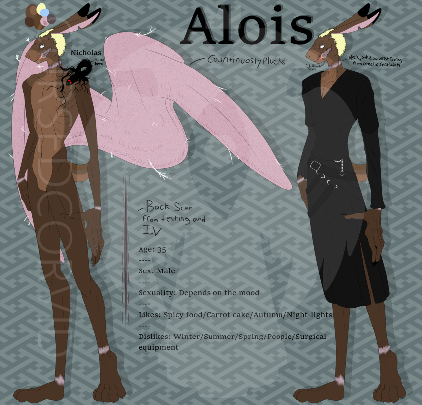 alois_(cursedcorvid) angel anthro belt blonde_hair bottomwear brown_body brown_fur chipped_ear claws clothed clothing cursedcorvid demon digital_media_(artwork) duo duo_focus featherless fur group hair hare hi_res hybrid lagomorph leporid long_sleeves looking_at_viewer male mammal model_sheet nicholas_(cursedcorvid) nipples nude plucked_wings scar short_sleeves simple_background skinny skirt solo text underweight watermark wings