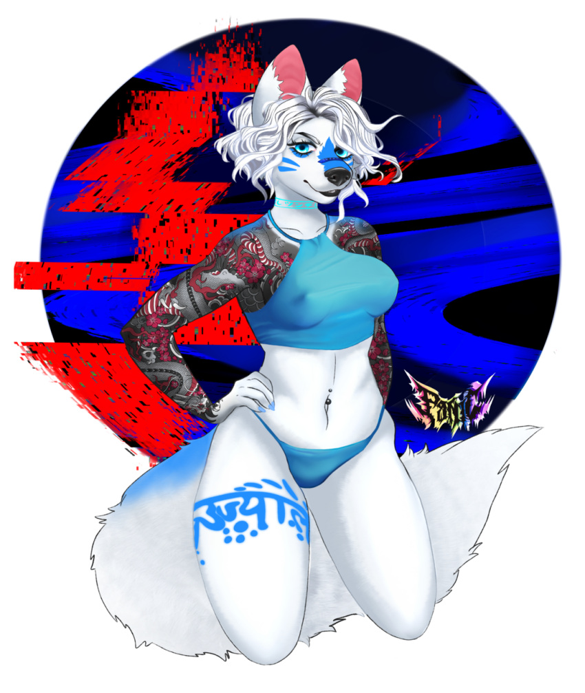 anthro blue_body blue_eyes blue_fur canid clothing female fur hair hand_on_hip hi_res looking_at_viewer lottietauti mammal multicolored_body multicolored_fur navel nipple_outline shirt short_hair smile solo standing topwear underwear white_body white_fur white_hair