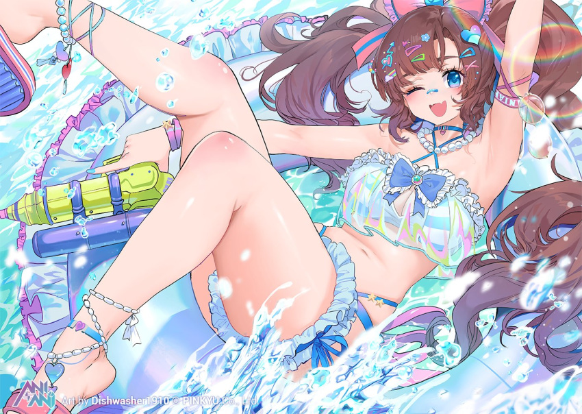 1girl bangs bead_necklace beads bikini blue_eyes brown_hair dishwasher1910 fang frilled_bikini frills hair_ornament hairclip jewelry long_hair looking_at_viewer necklace one_eye_closed open_mouth original skin_fang solo swimsuit twintails very_long_hair water water_drop