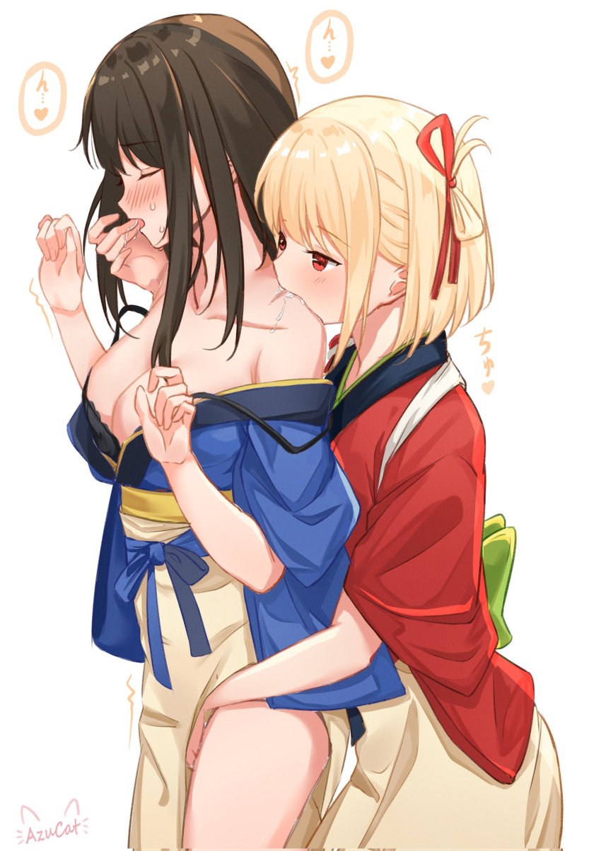 2girls arms_up bangs biting biting_shoulder black_hair blonde_hair blue_kimono blush breasts captain_yina cleavage covered_nipples finger_sucking green_sash hair_between_eyes hand_in_another's_mouth hand_on_another's_crotch heart highres implied_orgasm inoue_takina japanese_clothes kimono long_hair lycoris_recoil medium_breasts multiple_girls neck nishikigi_chisato orgasm red_eyes red_kimono red_ribbon ribbon saliva sash short_hair sweat thighs touching_another's_crotch wide_hips yuri