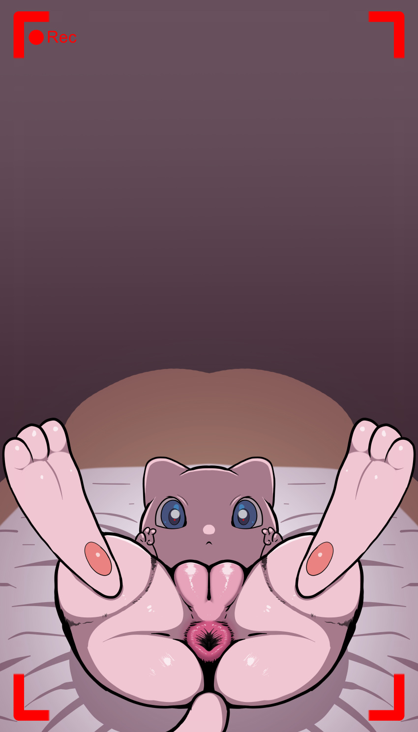 absurd_res anus bed big_butt blue_eyes butt darkened_genitalia digital_media_(artwork) double_v_sign feet female feral furniture generation_1_pokemon genitals gesture hi_res innocence legendary_pokemon legs_up looking_at_viewer lying mammal mew nintendo on_back pawpads pink_anus pink_pussy plump_labia pokemon pokemon_(species) presenting puffy_anus pussy rapistwerewolf recording simple_background soles solo spread_legs spreading thick_thighs toes v_sign video_games