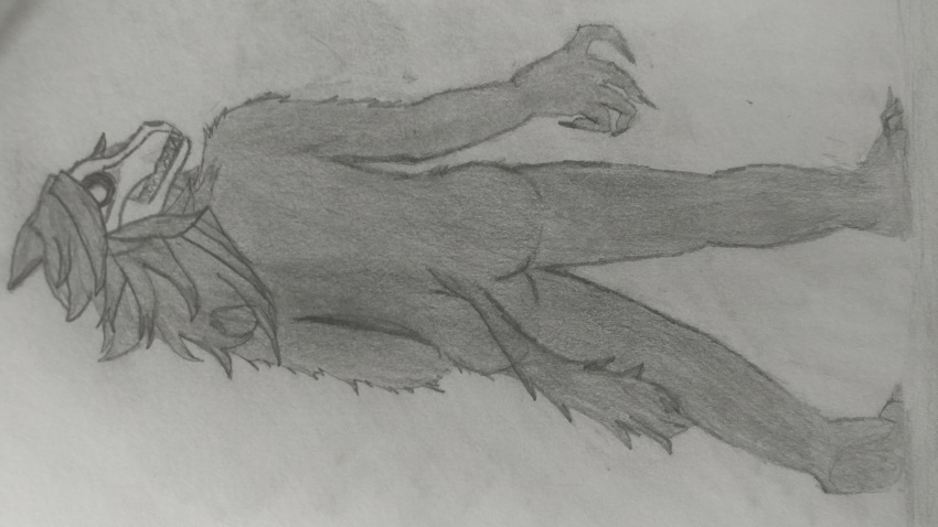2022 absurd_res ambiguous_gender animal_humanoid anthro beeboobob_(artist) black_body black_fur black_hair black_sclera bone butt canid canine clenched_teeth ears_back fur graphite_(artwork) hair hi_res humanoid long_hair looking_at_viewer mammal mask nails nude pencil_(artwork) pivoted_ears scp-1471 scp-1471-a scp_foundation shaded sketch skull skull_mask solo standing teeth traditional_media_(artwork)