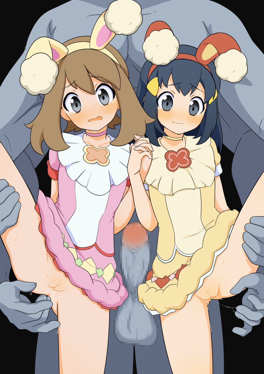 2girls absurdres bangs black_hair brown_hair brown_hairband censored choker collarbone commentary_request dawn_(pokemon) dress erection grey_eyes hair_ornament hairband hairclip hand_up highres holding_hands interspecies leg_up long_hair lukeskytera machamp may_(pokemon) mosaic_censoring multiple_girls penis pink_choker pink_dress pokemon pokemon_(creature) pokemon_(game) pokemon_dppt pokemon_ears pokemon_masters_ex pokephilia pussy pussy_juice spread_legs tearing_up yellow_choker yellow_dress yellow_hairband