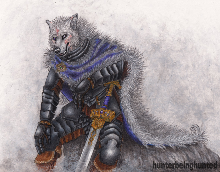 anthro armor blaidd_(elden_ring) by-nc-nd canid canine canis clothed clothing creative_commons elden_ring fromsoftware fur hi_res hunterbeinghunted male mammal melee_weapon solo sword video_games warrior weapon wolf