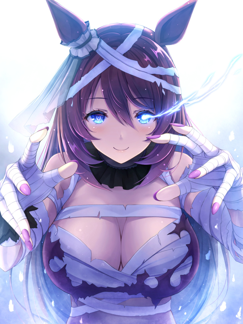 1girl akashio_(loli_ace) animal_ears bandages bangs blue_eyes breasts brown_hair commentary_request ear_ornament glowing glowing_eye hair_between_eyes highres horse_ears horse_girl large_breasts long_hair looking_at_viewer make_up_in_halloween!_(umamusume) mummy_costume nail_polish official_alternate_costume reaching_out smile solo super_creek_(chiffon_ribbon_mummy)_(umamusume) super_creek_(umamusume) umamusume upper_body