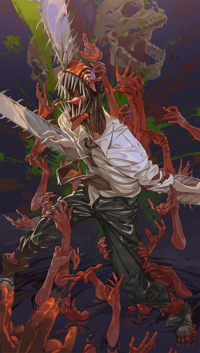absurdres battle black_pants chainsaw chainsaw_man character_request collared_shirt highres hxxg joints pants pond robot robot_joints sharp_teeth shirt skull standing teeth water white_shirt