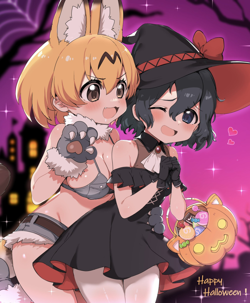 2girls :3 alternate_costume animal_ears animal_hands bare_shoulders bikini bikini_top_only black_dress black_hair black_headwear blonde_hair blue_eyes blush cat_ears cat_girl cat_tail commentary_request cowboy_shot cutoff_jeans cutoffs denim denim_shorts dress extra_ears fangs fur_collar gloves grey_bikini halloween halloween_bucket halloween_costume hat highres kaban_(kemono_friends) kemono_friends multiple_girls one_eye_closed open_mouth paw_gloves ransusan serval_(kemono_friends) short_hair short_shorts shorts sleeveless swimsuit tail witch_hat yellow_eyes