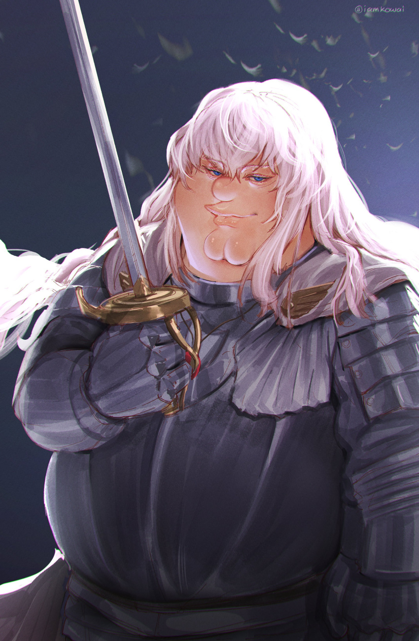 1boy absurdres arm_at_side armor bangs berserk blue_eyes breastplate closed_mouth cosplay crossover double_chin family_guy fat fat_man full_armor gauntlets glasses gradient gradient_background griffith_(berserk) griffith_(berserk)_(cosplay) hand_up highres holding holding_sword holding_weapon kowai_(iamkowai) long_hair looking_at_viewer male_focus peter_griffin solo sword weapon white_hair