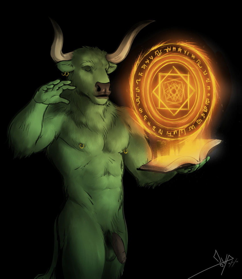 anthro bgn bovid bovine cattle ear_piercing eyes_closed flaccid foreskin fur genitals green_body green_fur hi_res horn magic male mammal mandala nipple_piercing nipples open_book penis piercing rintrah_(marvel) solo