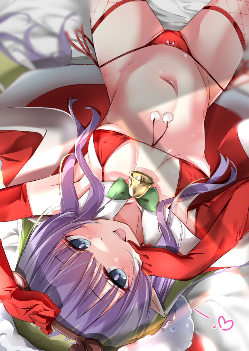 1girl ameth_(princess_connect!) aono_(f_i_s) bikini blue_eyes breasts cameltoe cape christmas cleavage green_hair hat highres long_hair looking_at_viewer lying navel on_back pointy_ears princess_connect! red_bikini red_cape red_headwear santa_bikini santa_costume santa_hat sexually_suggestive smile solo stomach swimsuit