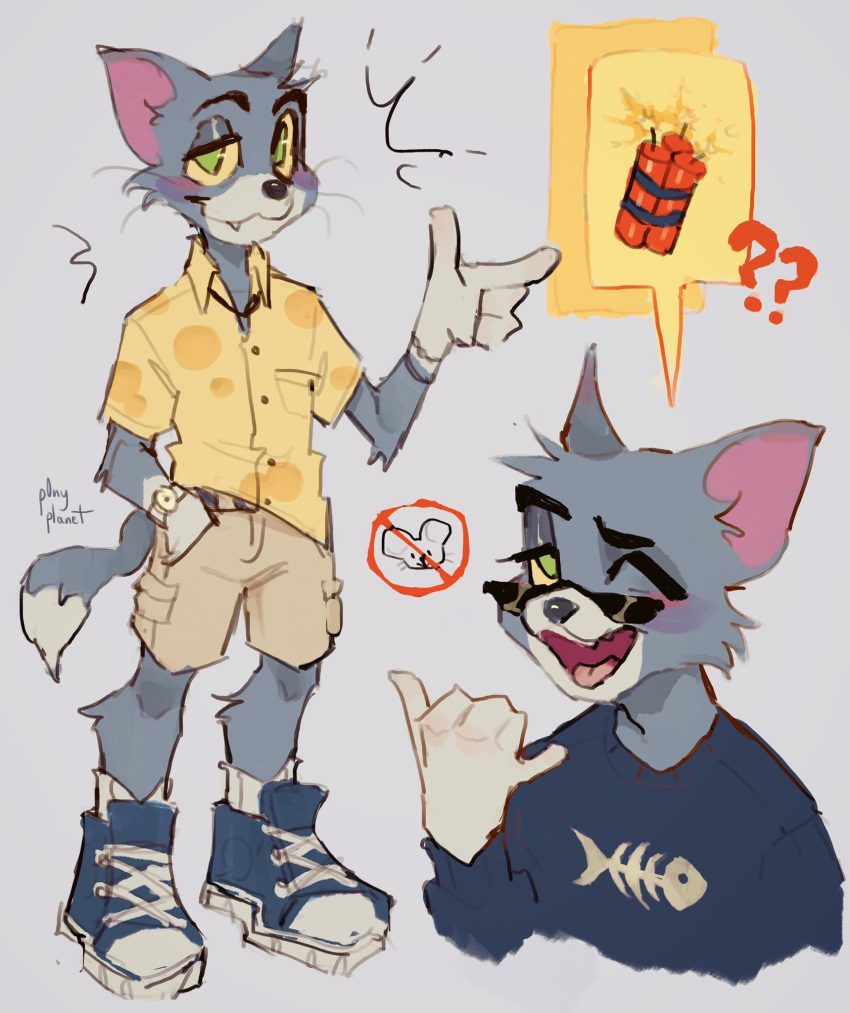 1boy :3 ? ?? \m/ ^^^ animal_ears animal_nose artist_name belt blush body_fur breast_pocket buttons cargo_shorts cat_boy cat_ears cat_tail closed_mouth collared_shirt colored_sclera commentary dynamite english_commentary fang fang_out fish_bone fish_bone_print full_body furry furry_male fuse green_eyes grey_background grey_fur hand_in_pocket hand_up highres index_finger_raised lit_fuse long_sleeves multiple_views no_symbol one_eye_closed open_mouth p0nyplanet pocket print_shirt shirt shoelaces shoes short_sleeves shorts signature simple_background sketch smile sneakers speech_bubble spoken_object standing sunglasses tail thick_eyebrows tom_(tom_and_jerry) tom_and_jerry tongue watch whiskers wristwatch yellow_sclera yellow_shirt