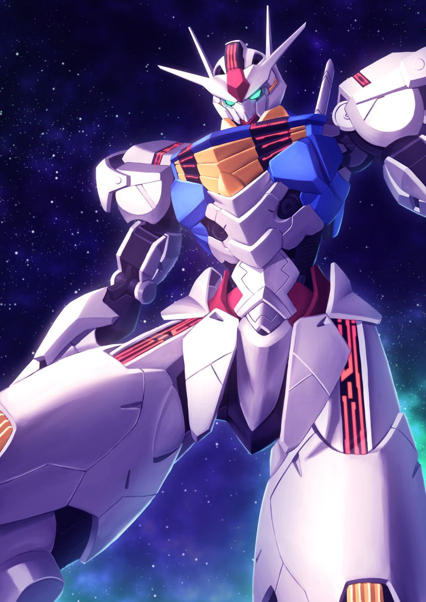 absurdres commentary from_below gundam gundam_aerial gundam_suisei_no_majo highres ka_ki_o looking_at_viewer mecha mobile_suit night night_sky no_humans robot sky solo star_(sky) starry_sky upper_body v-fin