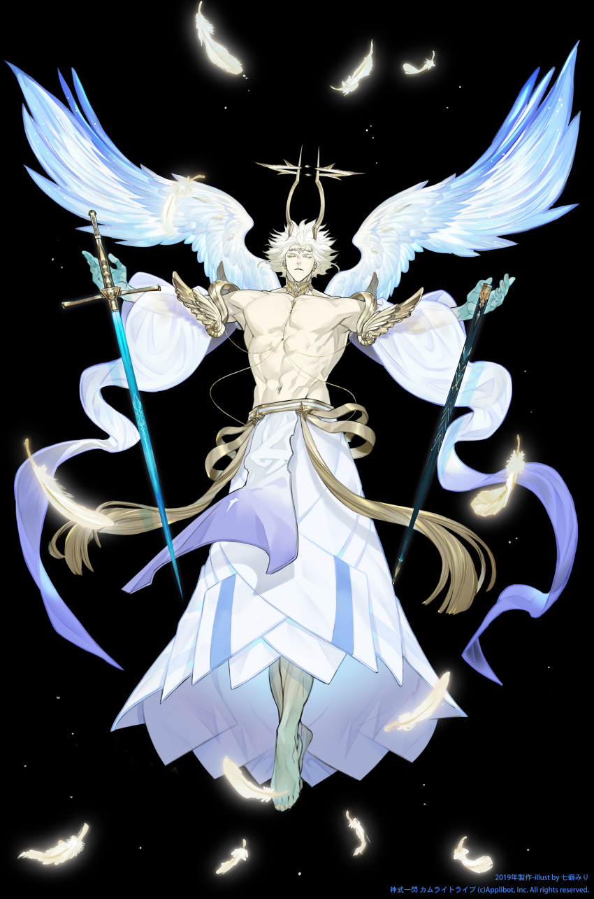 1boy abs absurdres angel angel_wings arms_at_sides barefoot flying full_body glowing glowing_eyes glowing_feather highres horns kamurai_tribe large_horns large_pectorals looking_at_viewer male_focus mechanical_halo muscular muscular_male nanase_miri navel no_nipples official_art pectorals short_hair solo spread_wings topless_male white_hair wings