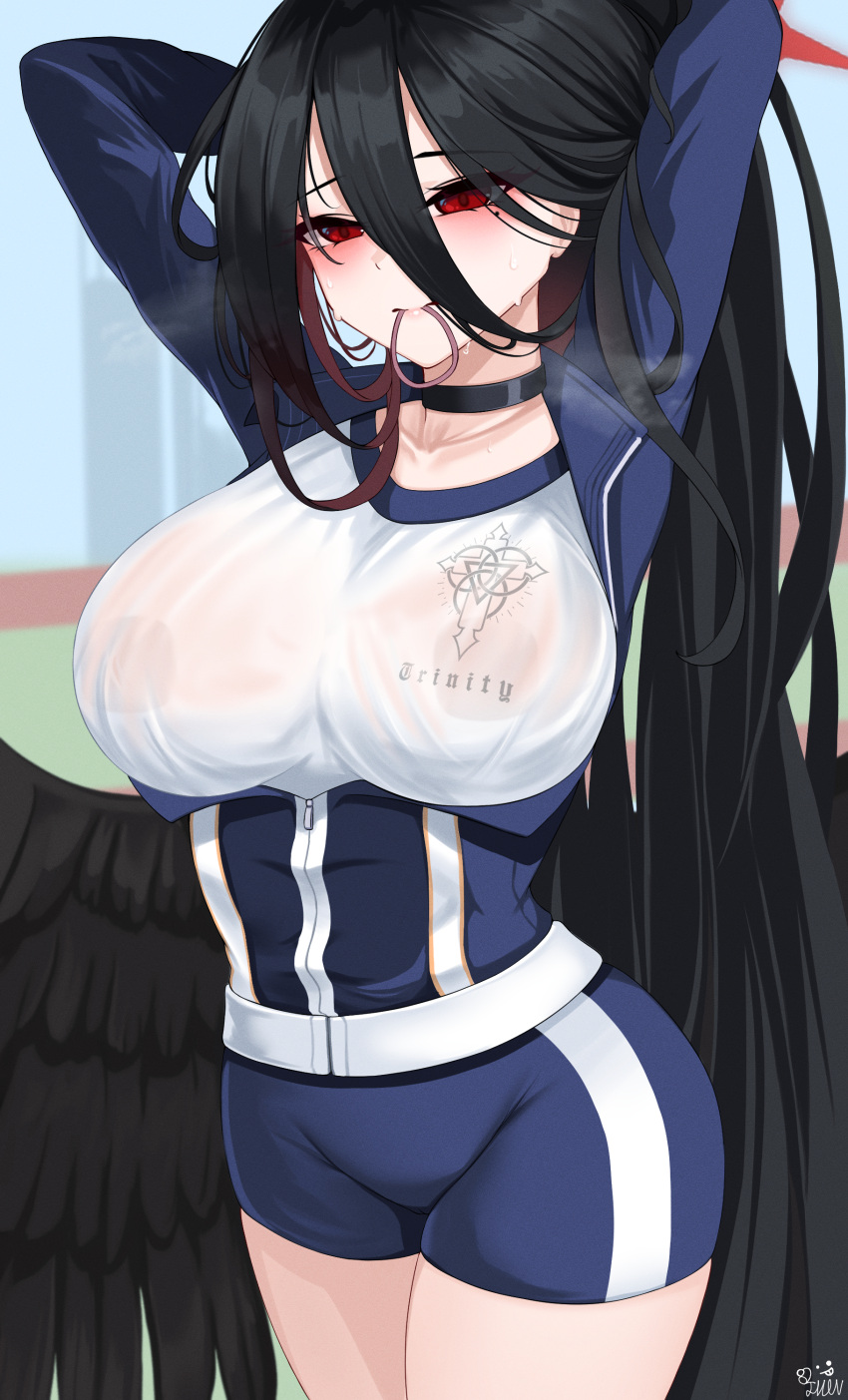 1girl 82jhin absurdres arms_behind_head arms_up bangs black_hair blue_archive breasts choker collarbone covered_nipples cowboy_shot hair_between_eyes hair_tie_in_mouth hasumi_(blue_archive) highres jacket large_breasts long_bangs looking_at_viewer low_wings mouth_hold ponytail red_eyes shirt short_shorts shorts solo track_jacket tying_hair wet wet_clothes wet_shirt wings