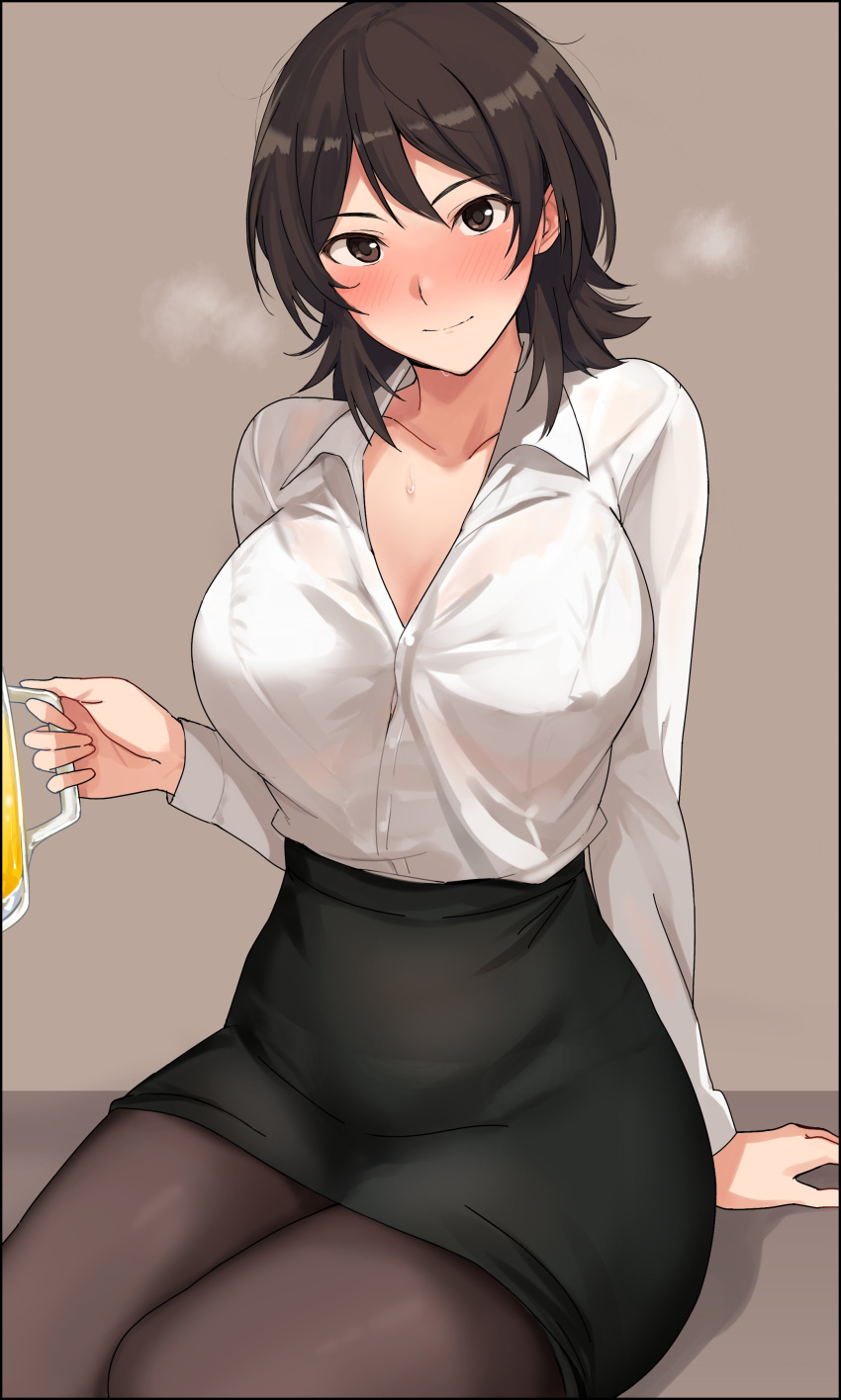 1girl absurdres alcohol amagami beer beer_mug black_pantyhose black_skirt breasts collared_shirt cowboy_shot cup dress_shirt drunk grey_background highres large_breasts looking_at_viewer mobu mug pantyhose pencil_skirt shirt simple_background sitting skirt solo takahashi_maya white_shirt