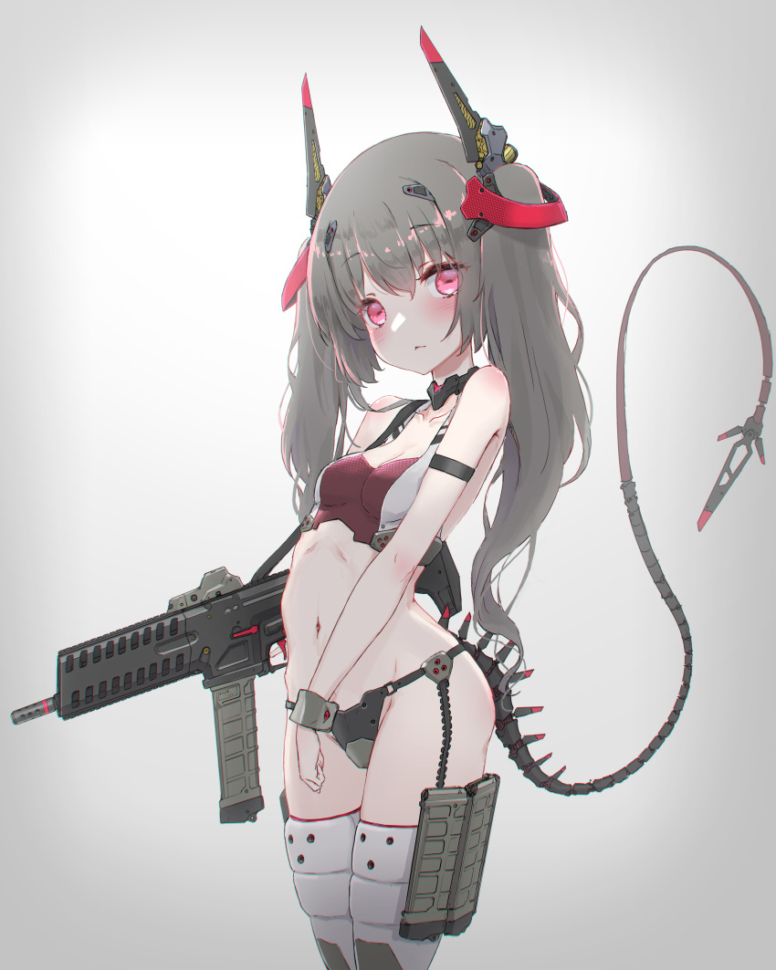 1girl :&lt; absurdres breasts chromatic_aberration cleavage grey_background grey_hair grey_panties grey_thighhighs groin gun headgear highres long_hair mechanical_tail navel no_pants oota_youjo original panties red_eyes simple_background small_breasts solo sports_bra stomach tail thighhighs thighs twintails underwear weapon weapon_request